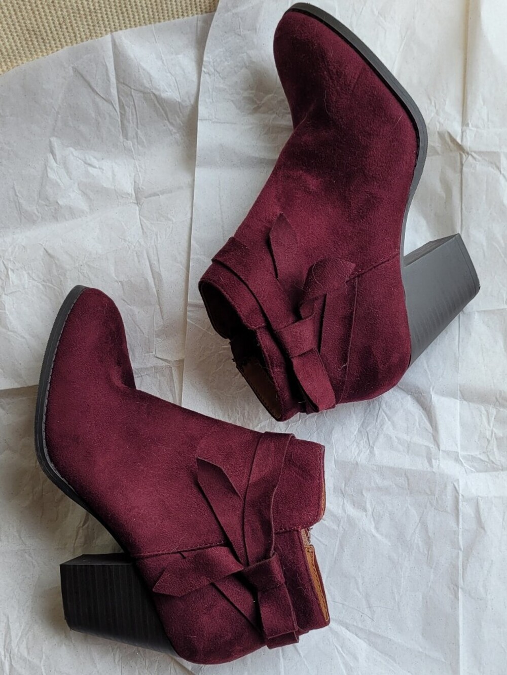 George Burgundy Suede Ankle Booties with Knot Detail